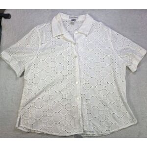 White Eyelet Lace Blouse XL Cotton Button Front Top Cottagecore Summer Womens
